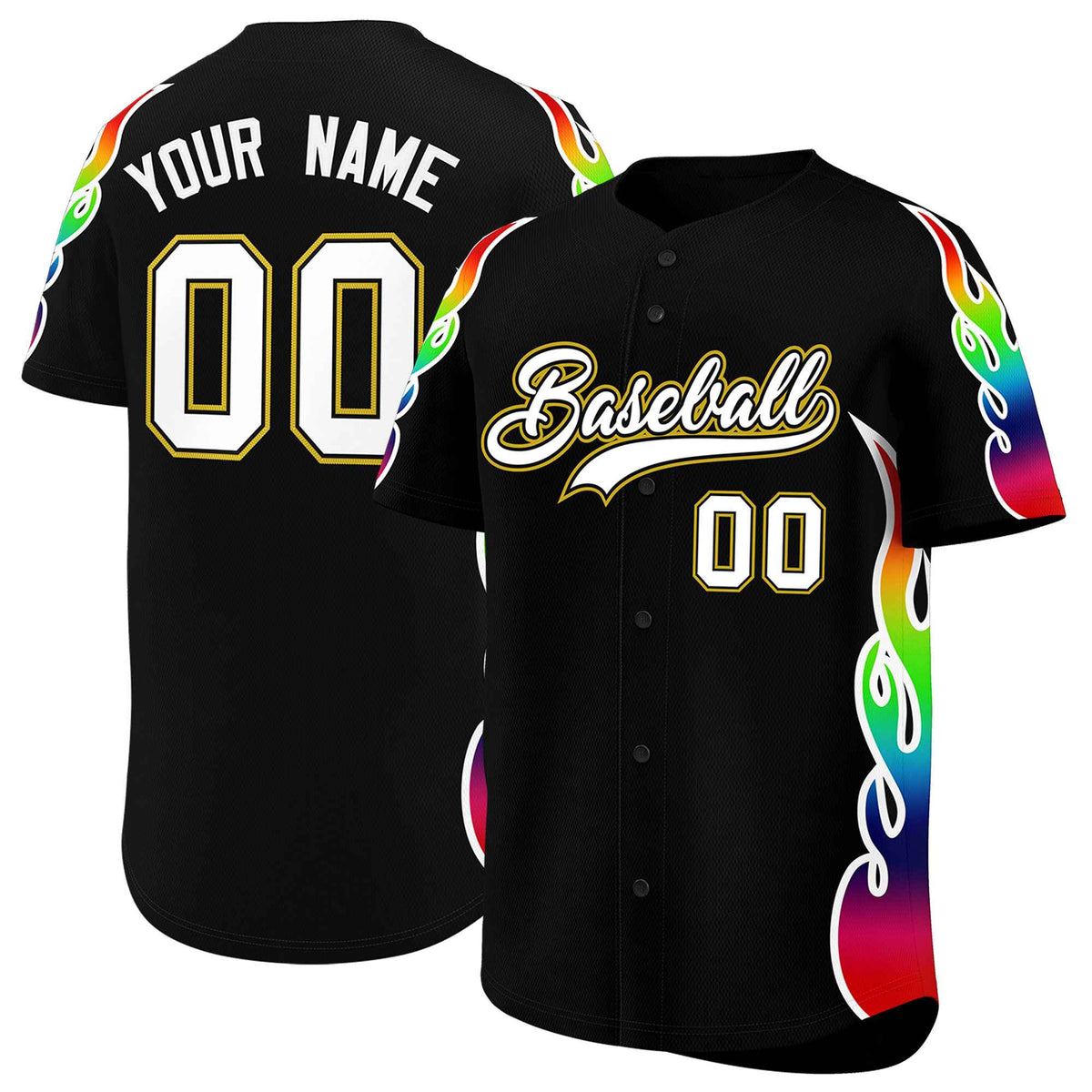 Custom Black Graffiti Pattern Personalized Multicolored Flames Print Authentic Baseball Jersey| KXKSHOP
