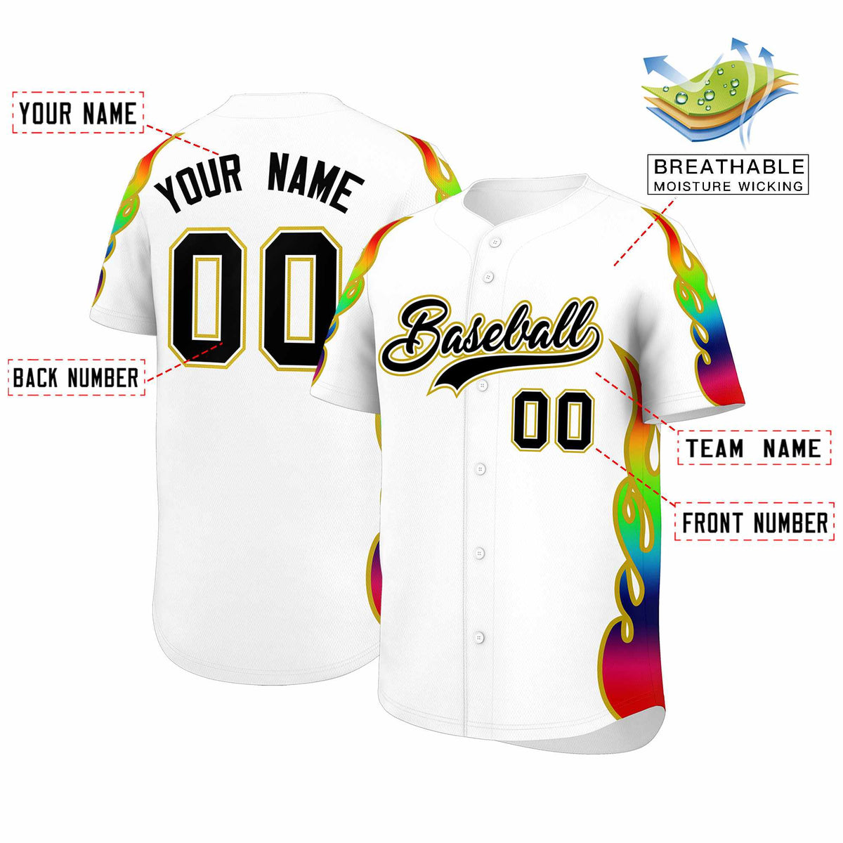 Custom White Graffiti Pattern Personalized Multicolored Flames Print Authentic Baseball Jersey| KXKSHOP