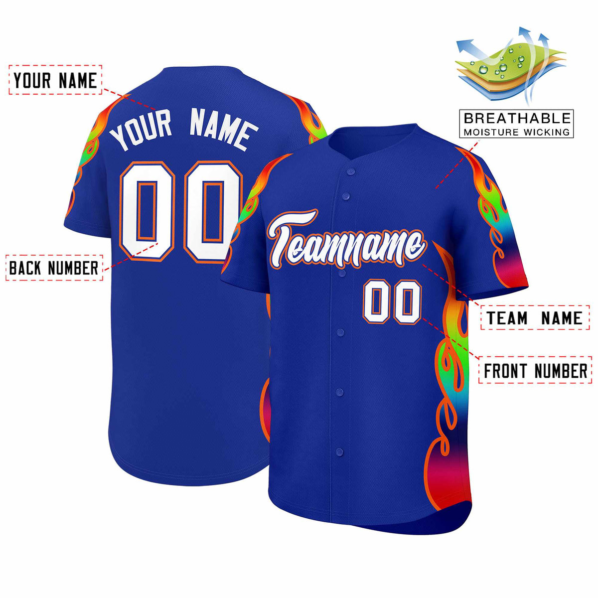 Custom Royal Graffiti Pattern Personalized Multicolored Flames Print Authentic Baseball Jersey| KXKSHOP