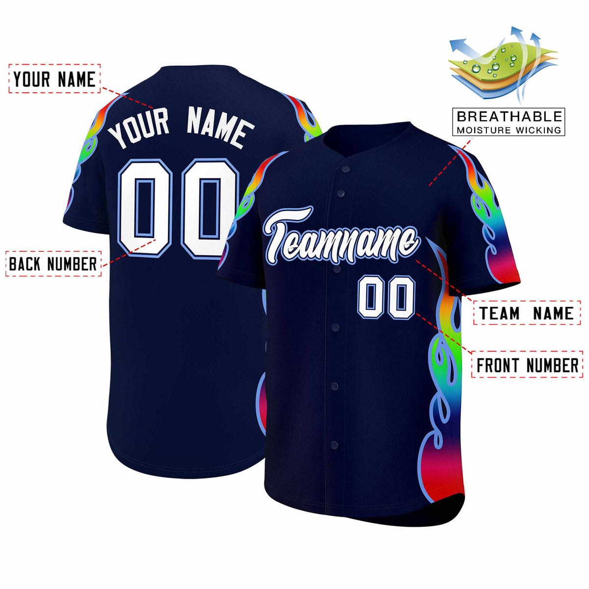 Custom Navy Graffiti Pattern Personalized Multicolored Flames Print Authentic Baseball Jersey| KXKSHOP