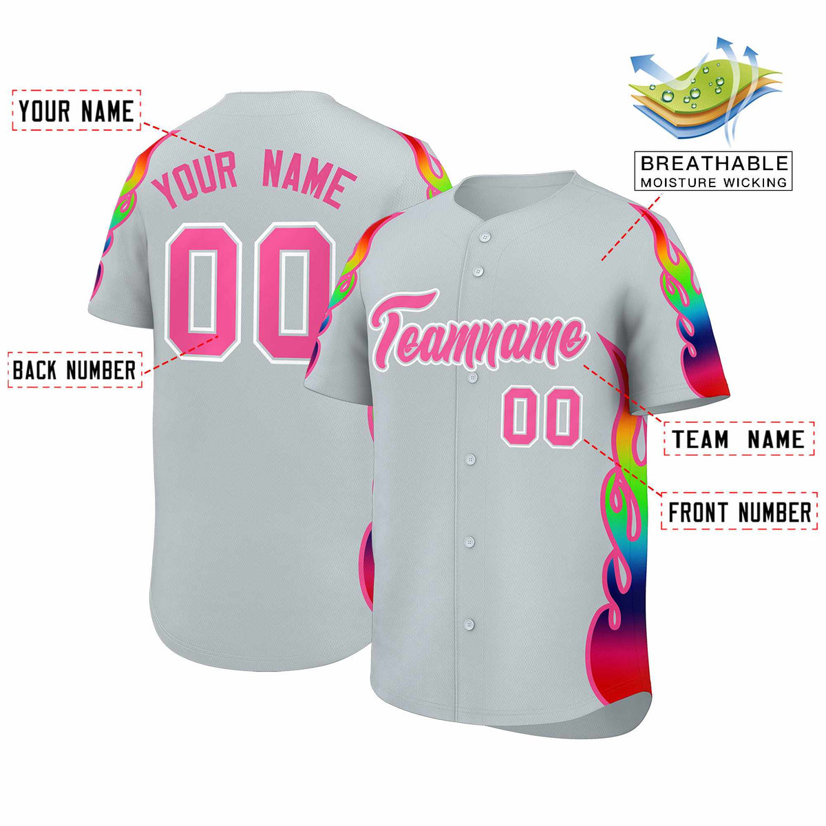 Custom Silver Graffiti Pattern Personalized Multicolored Flames Print Authentic Baseball Jersey| KXKSHOP