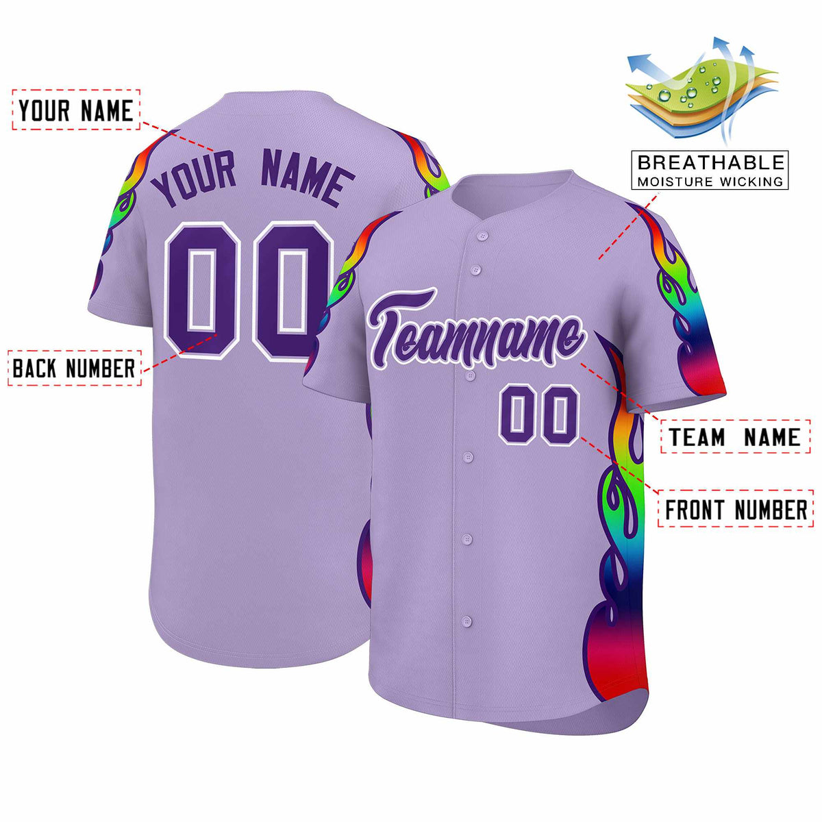 Custom Light Purple Graffiti Pattern Personalized Multicolored Flames Print Authentic Baseball Jersey| KXKSHOP
