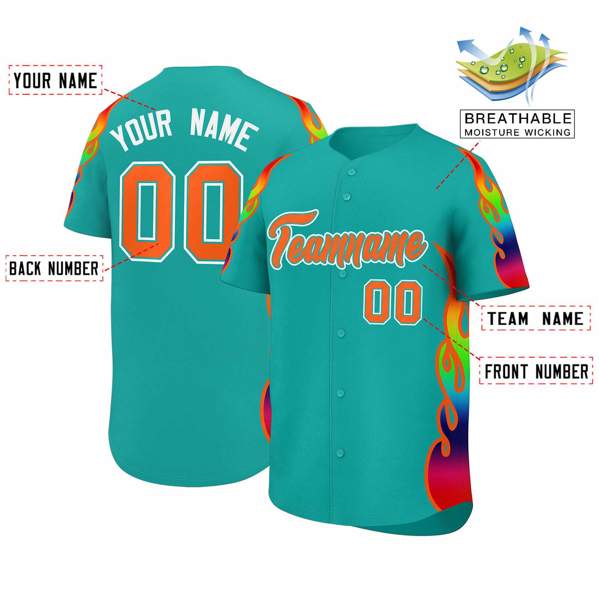 Custom Aqua Graffiti Pattern Personalized Multicolored Flames Print Authentic Baseball Jersey| KXKSHOP