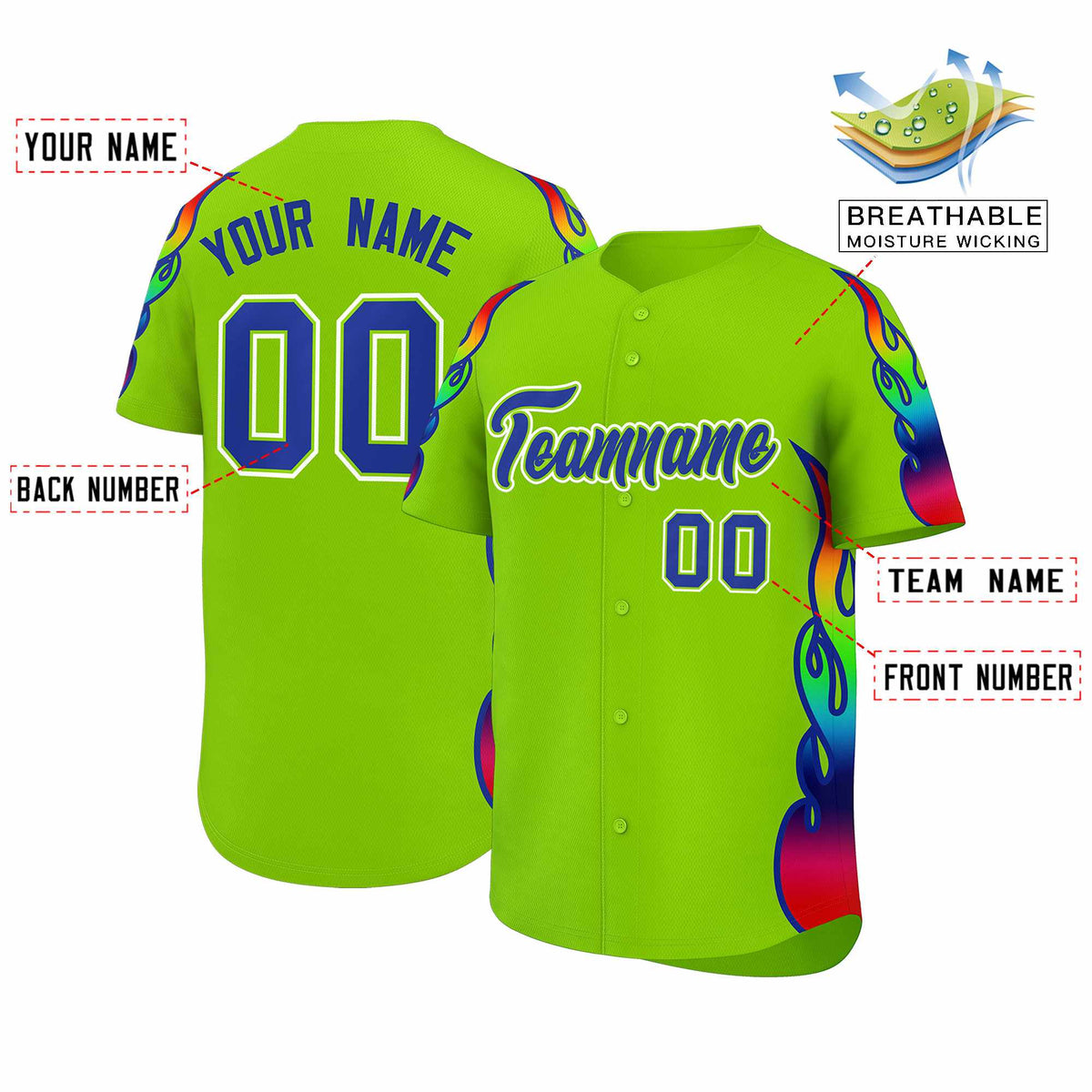 Custom Neon Green Graffiti Pattern Personalized Multicolored Flames Print Authentic Baseball Jersey| KXKSHOP