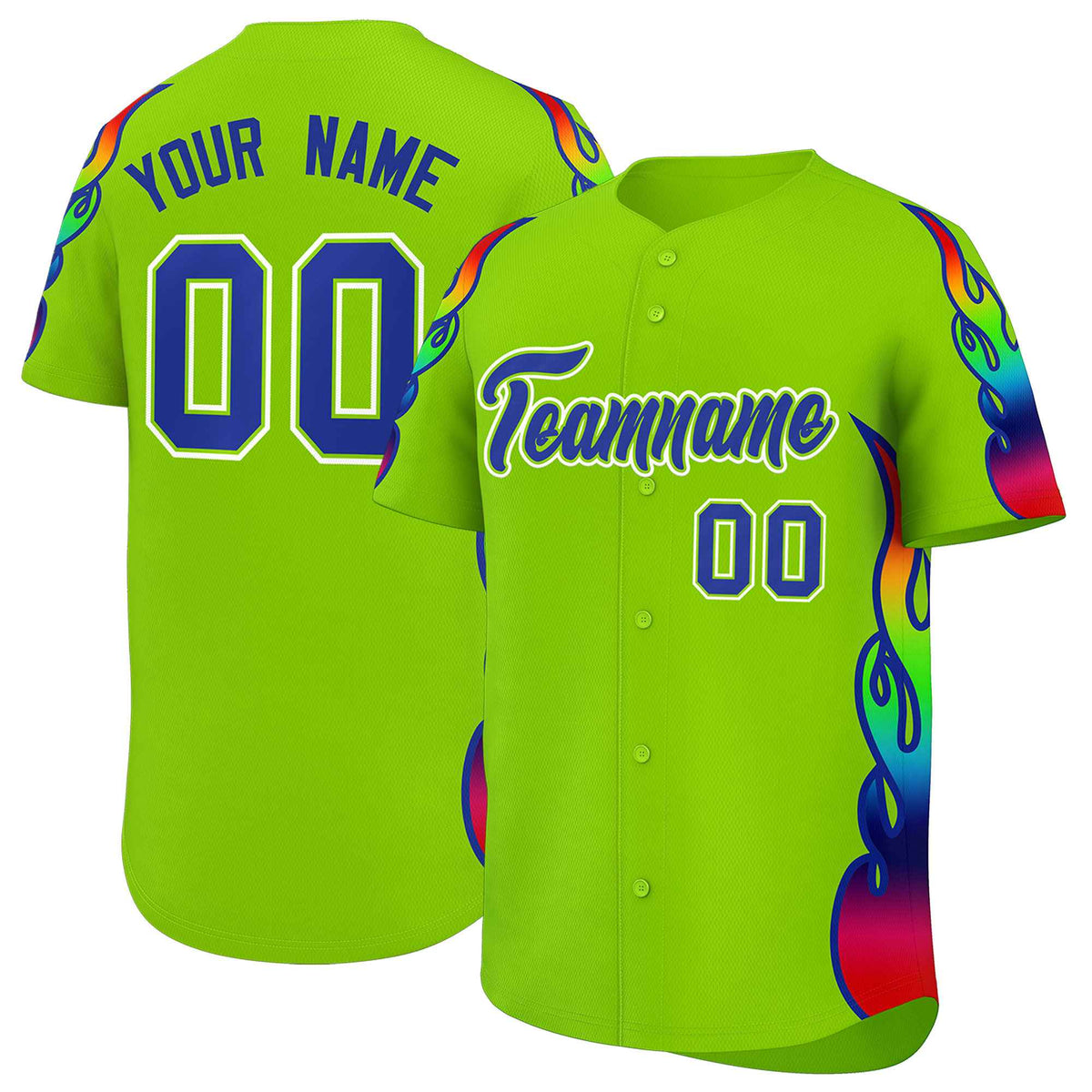 Custom Neon Green Graffiti Pattern Personalized Multicolored Flames Print Authentic Baseball Jersey| KXKSHOP