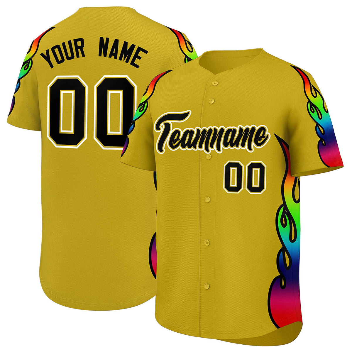 Custom Old Gold Graffiti Pattern Personalized Multicolored Flames Print Authentic Baseball Jersey| KXKSHOP