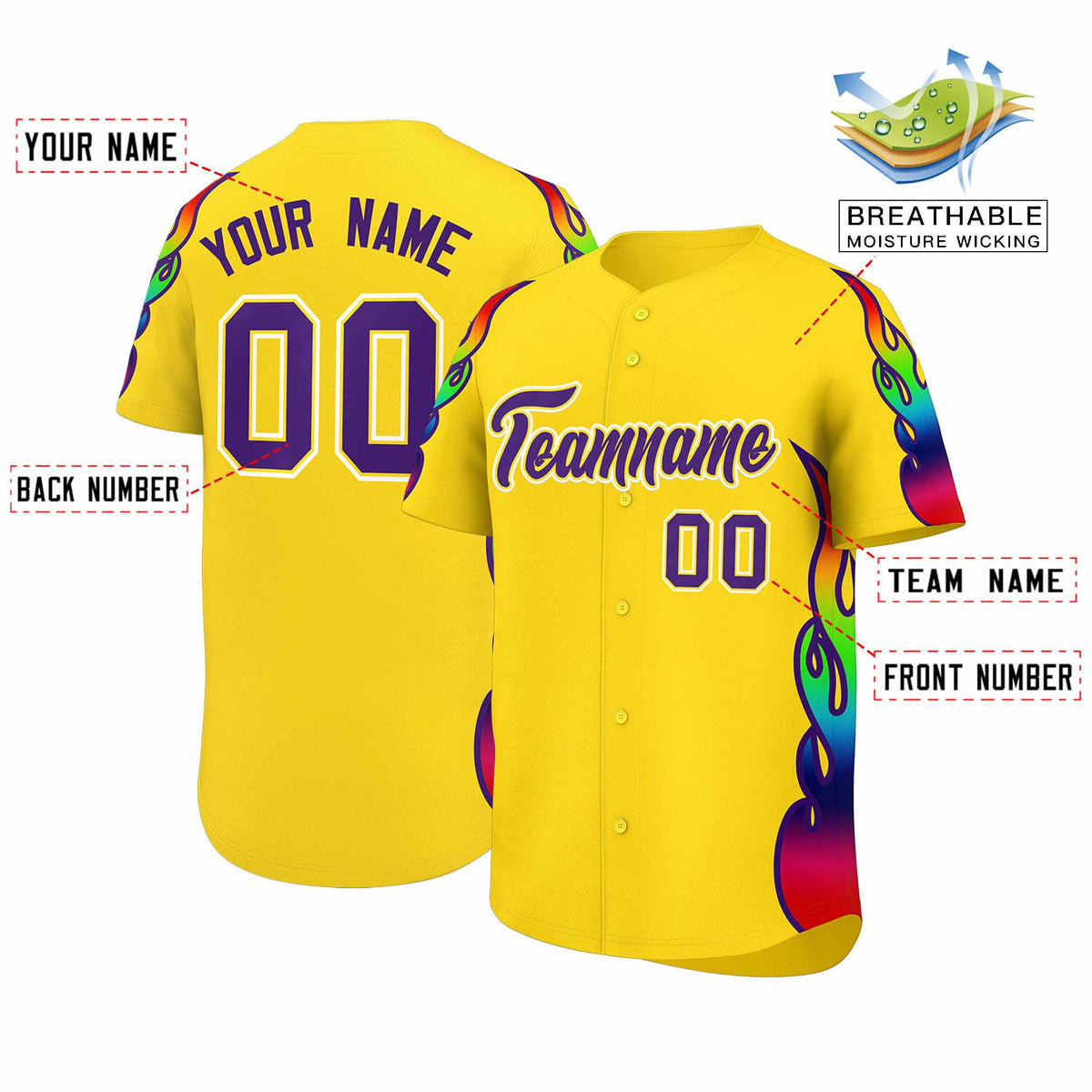 Custom Gold Graffiti Pattern Personalized Multicolored Flames Print Authentic Baseball Jersey| KXKSHOP