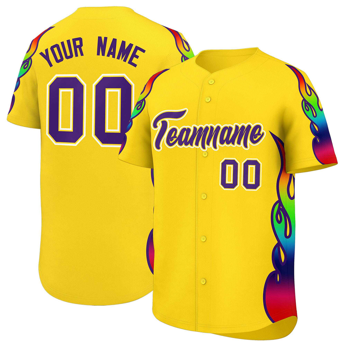 Custom Gold Graffiti Pattern Personalized Multicolored Flames Print Authentic Baseball Jersey| KXKSHOP