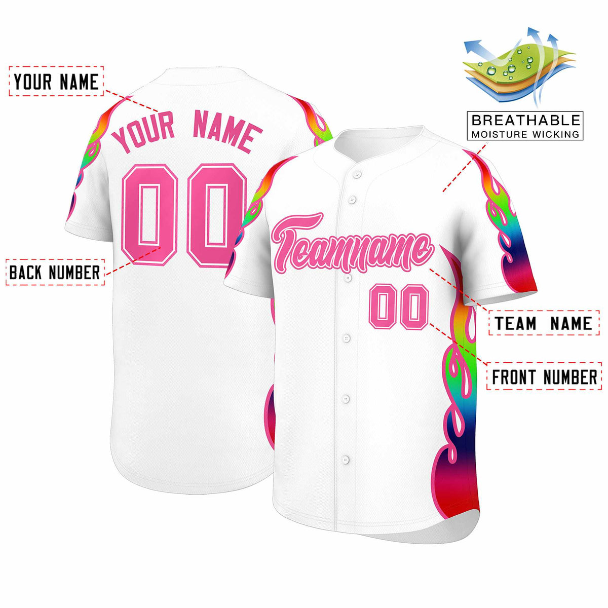 Custom White Graffiti Pattern Personalized Multicolored Flames Print Authentic Baseball Jersey| KXKSHOP