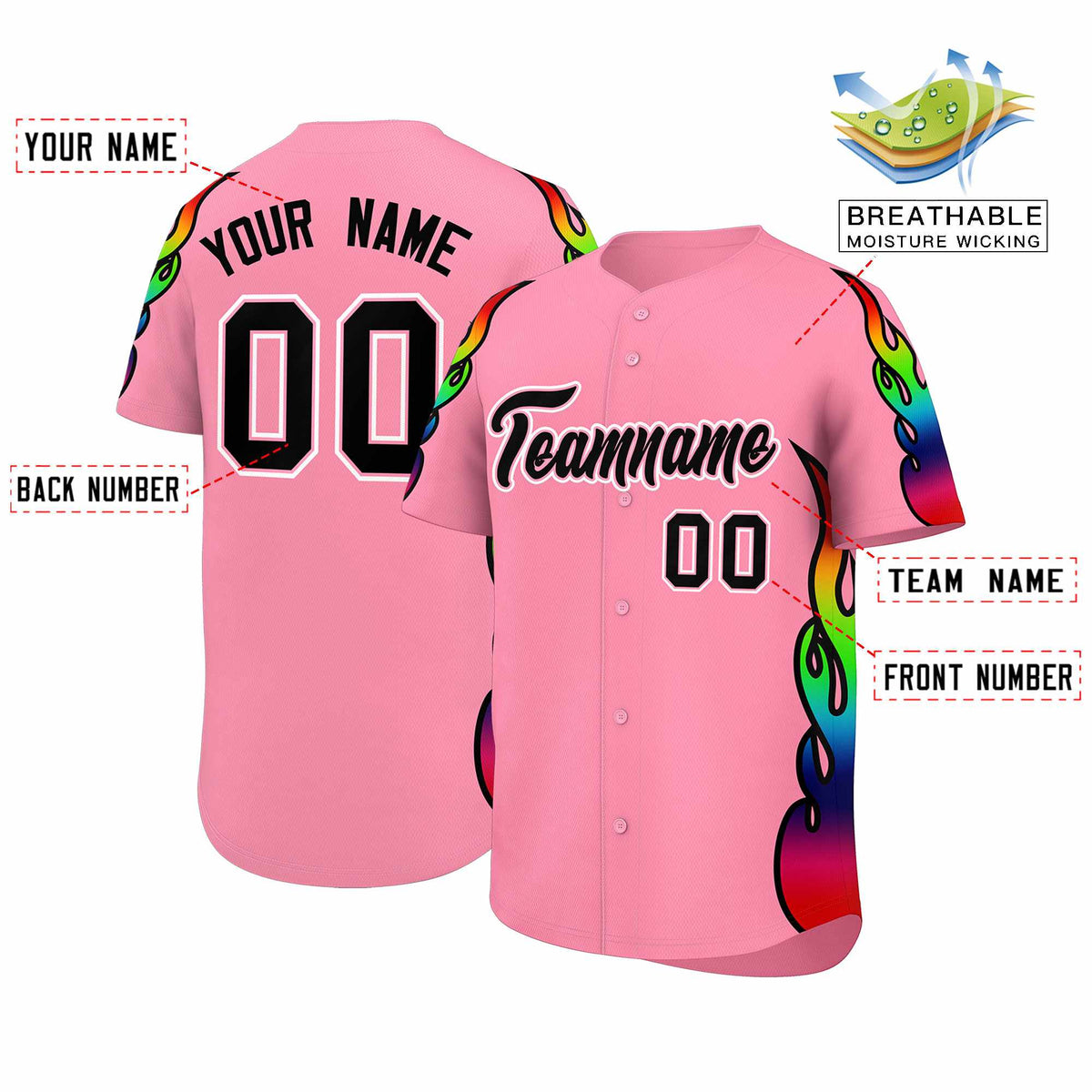 Custom Light Pink Graffiti Pattern Personalized Multicolored Flames Print Authentic Baseball Jersey| KXKSHOP