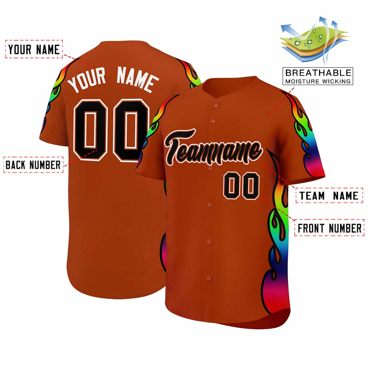 Custom Texas Orange Graffiti Pattern Personalized Multicolored Flames Print Authentic Baseball Jersey| KXKSHOP
