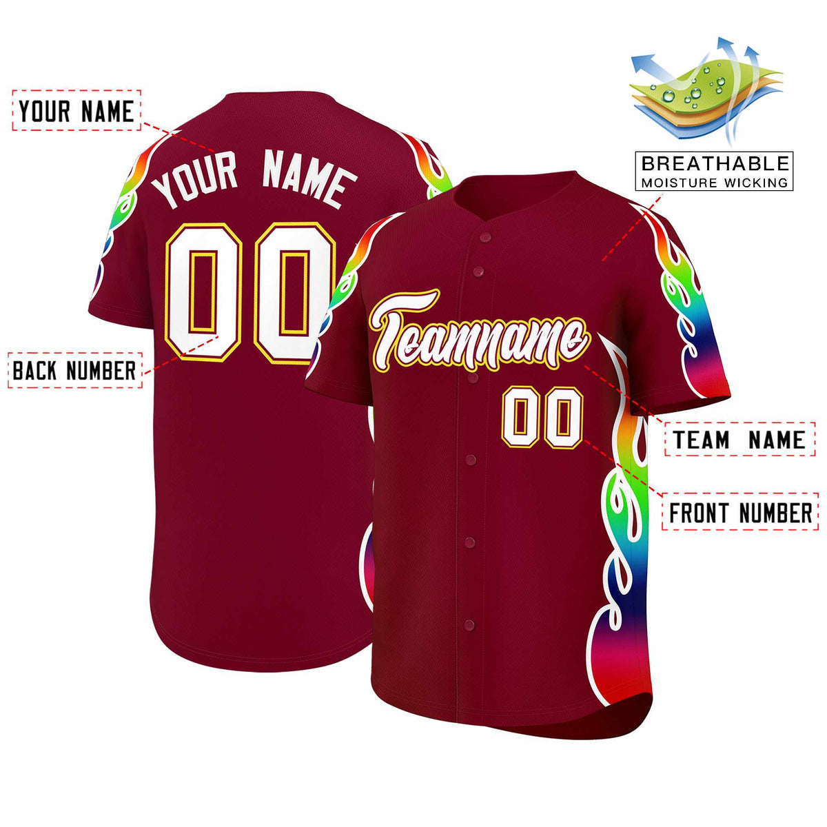 Custom Crimson Graffiti Pattern Personalized Multicolored Flames Print Authentic Baseball Jersey| KXKSHOP