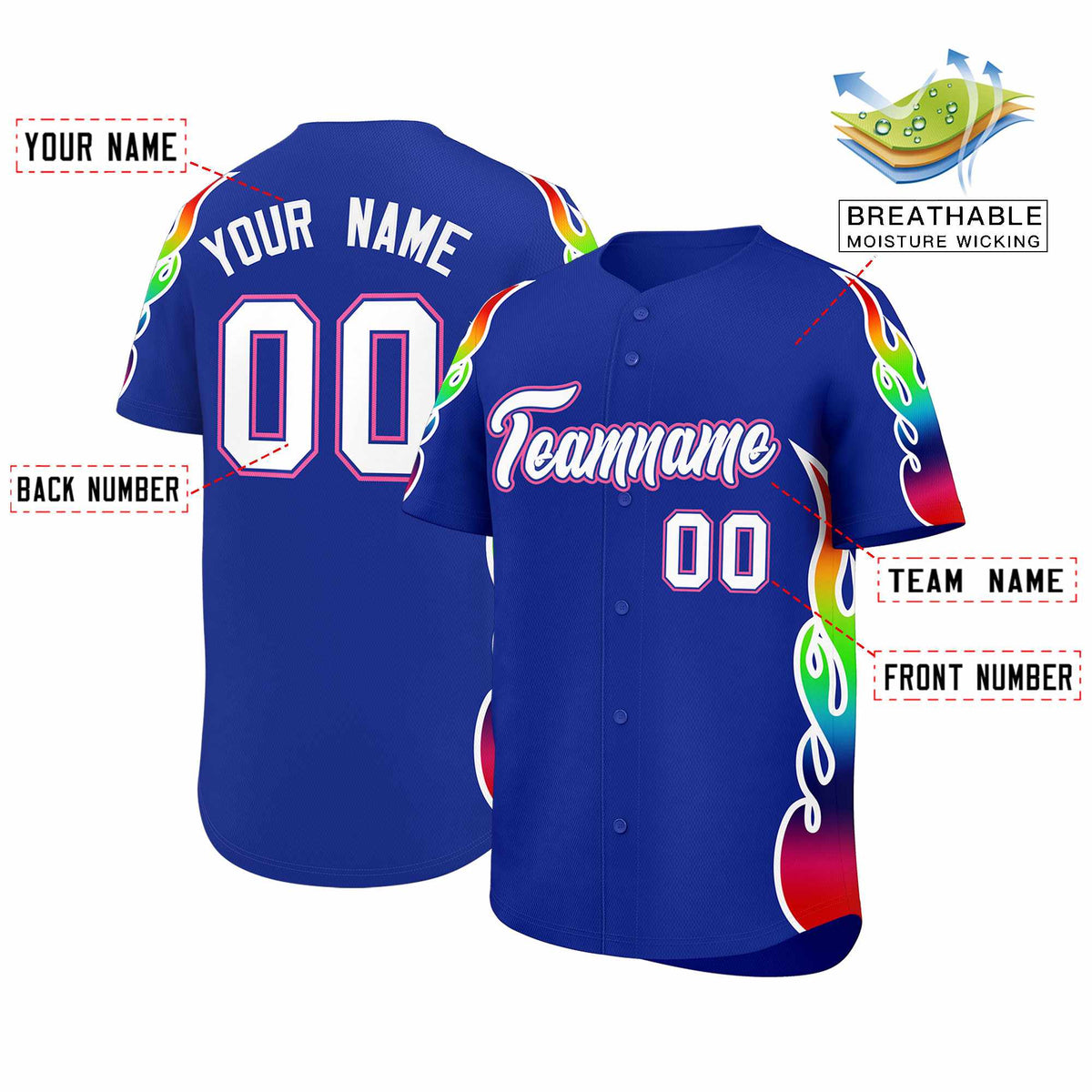 Custom Royal Graffiti Pattern Personalized Multicolored Flames Print Authentic Baseball Jersey| KXKSHOP