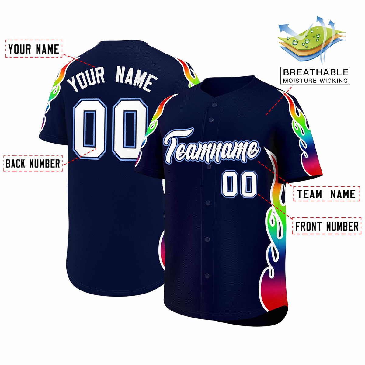 Custom Navy Graffiti Pattern Personalized Multicolored Flames Print Authentic Baseball Jersey| KXKSHOP