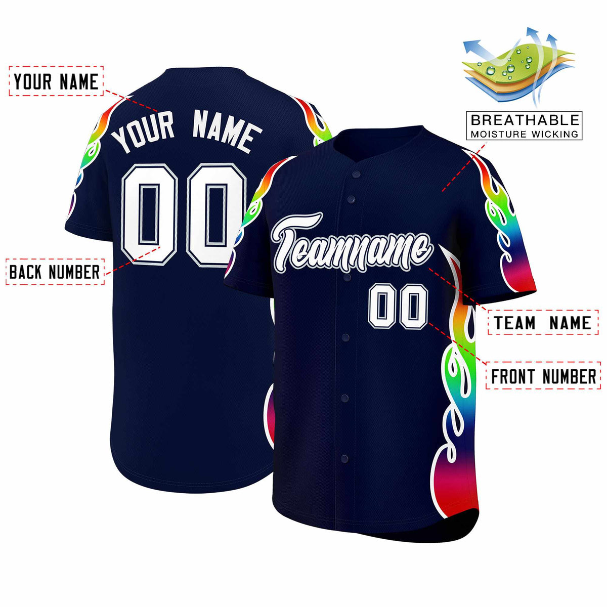 Custom Navy Graffiti Pattern Personalized Multicolored Flames Print Authentic Baseball Jersey| KXKSHOP