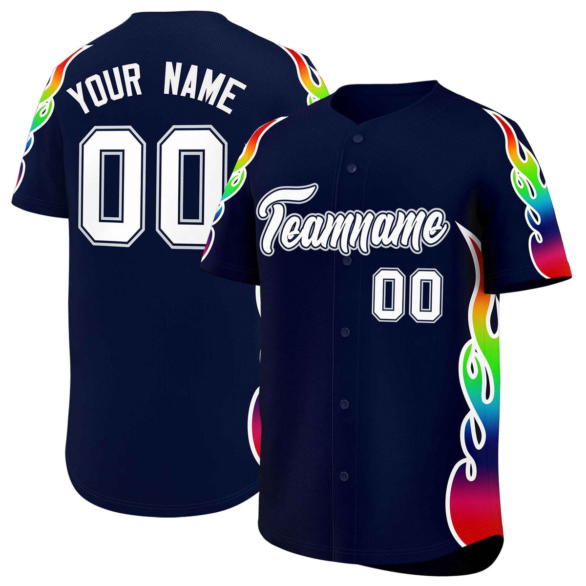 Custom Navy Graffiti Pattern Personalized Multicolored Flames Print Authentic Baseball Jersey| KXKSHOP