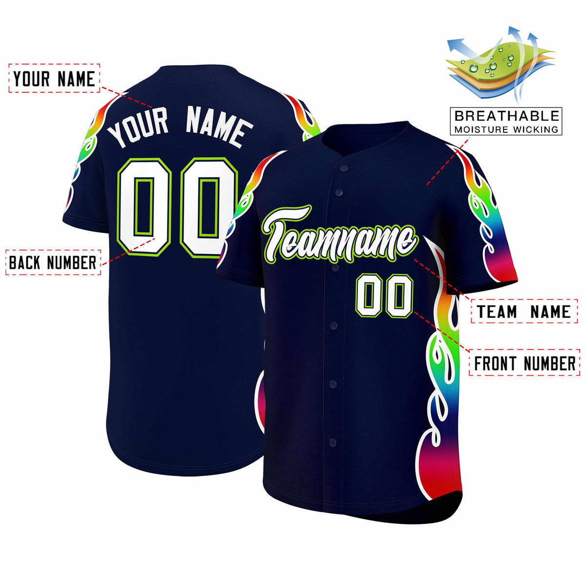 Custom Navy Graffiti Pattern Personalized Multicolored Flames Print Authentic Baseball Jersey| KXKSHOP