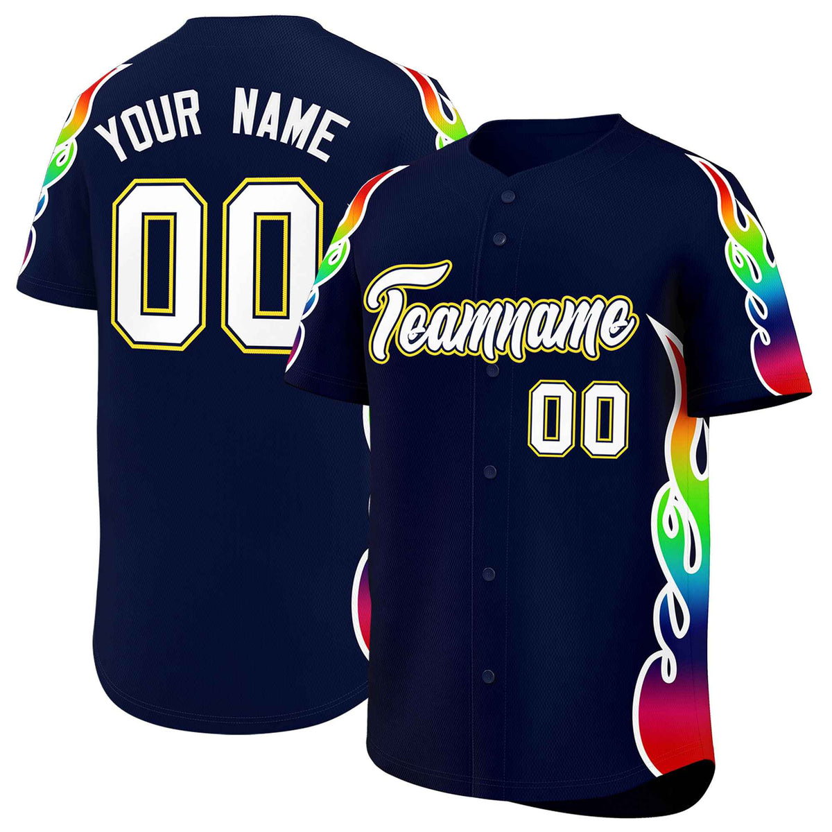 Custom Navy Graffiti Pattern Personalized Multicolored Flames Print Authentic Baseball Jersey| KXKSHOP