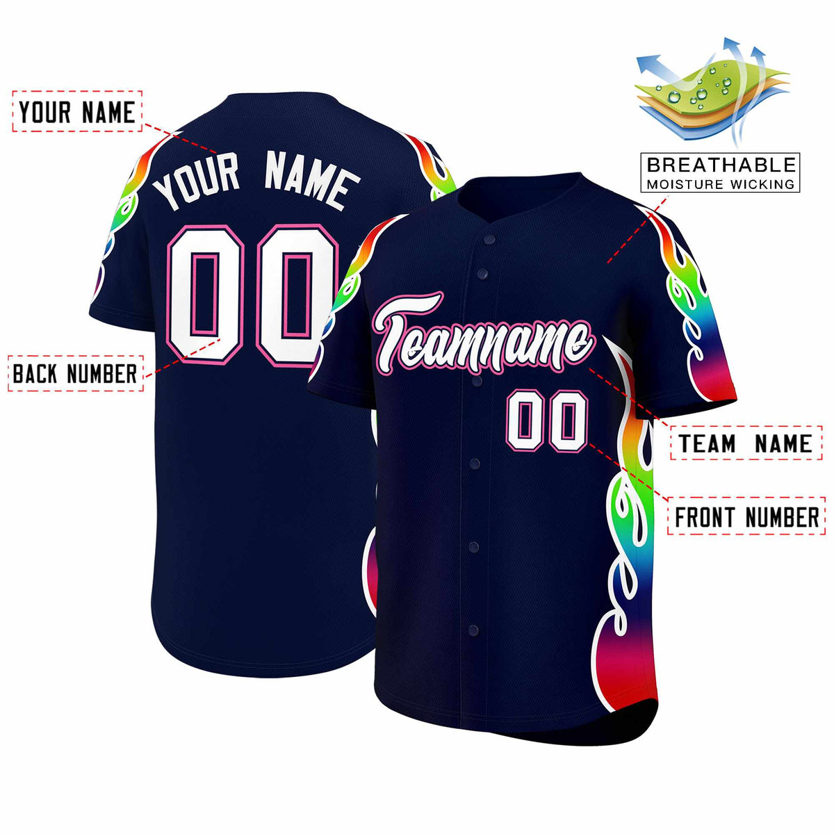 Custom Navy Graffiti Pattern Personalized Multicolored Flames Print Authentic Baseball Jersey| KXKSHOP