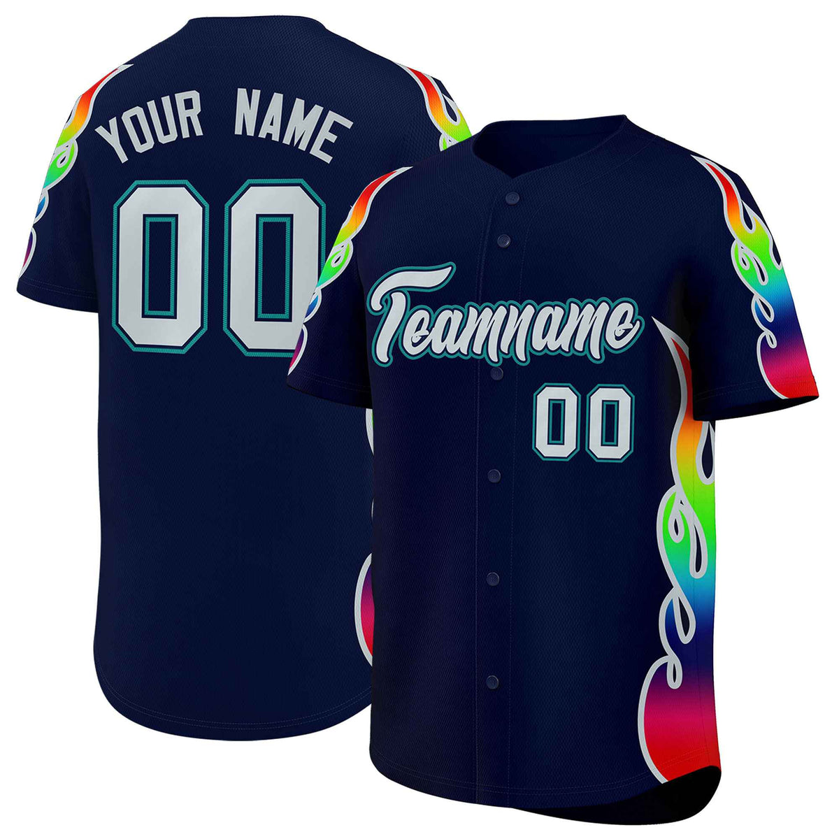 Custom Navy Graffiti Pattern Personalized Multicolored Flames Print Authentic Baseball Jersey| KXKSHOP