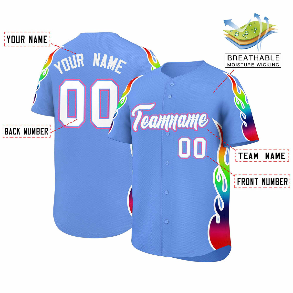 Custom Light Blue Graffiti Pattern Personalized Multicolored Flames Print Authentic Baseball Jersey| KXKSHOP
