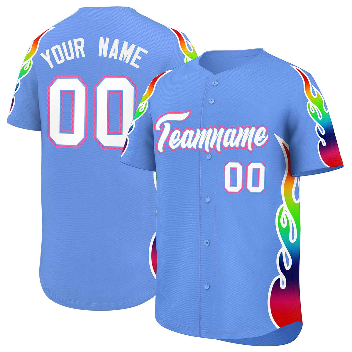 Custom Light Blue Graffiti Pattern Personalized Multicolored Flames Print Authentic Baseball Jersey| KXKSHOP