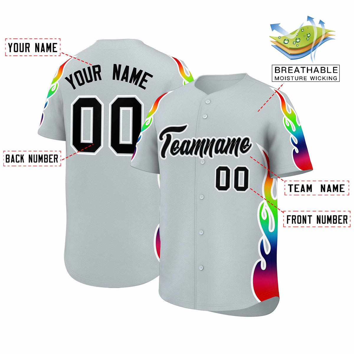 Custom Silver Graffiti Pattern Personalized Multicolored Flames Print Authentic Baseball Jersey| KXKSHOP