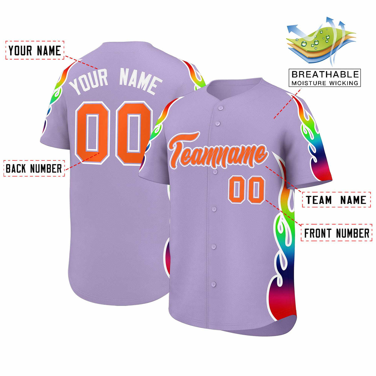 Custom Light Purple Graffiti Pattern Personalized Multicolored Flames Print Authentic Baseball Jersey| KXKSHOP