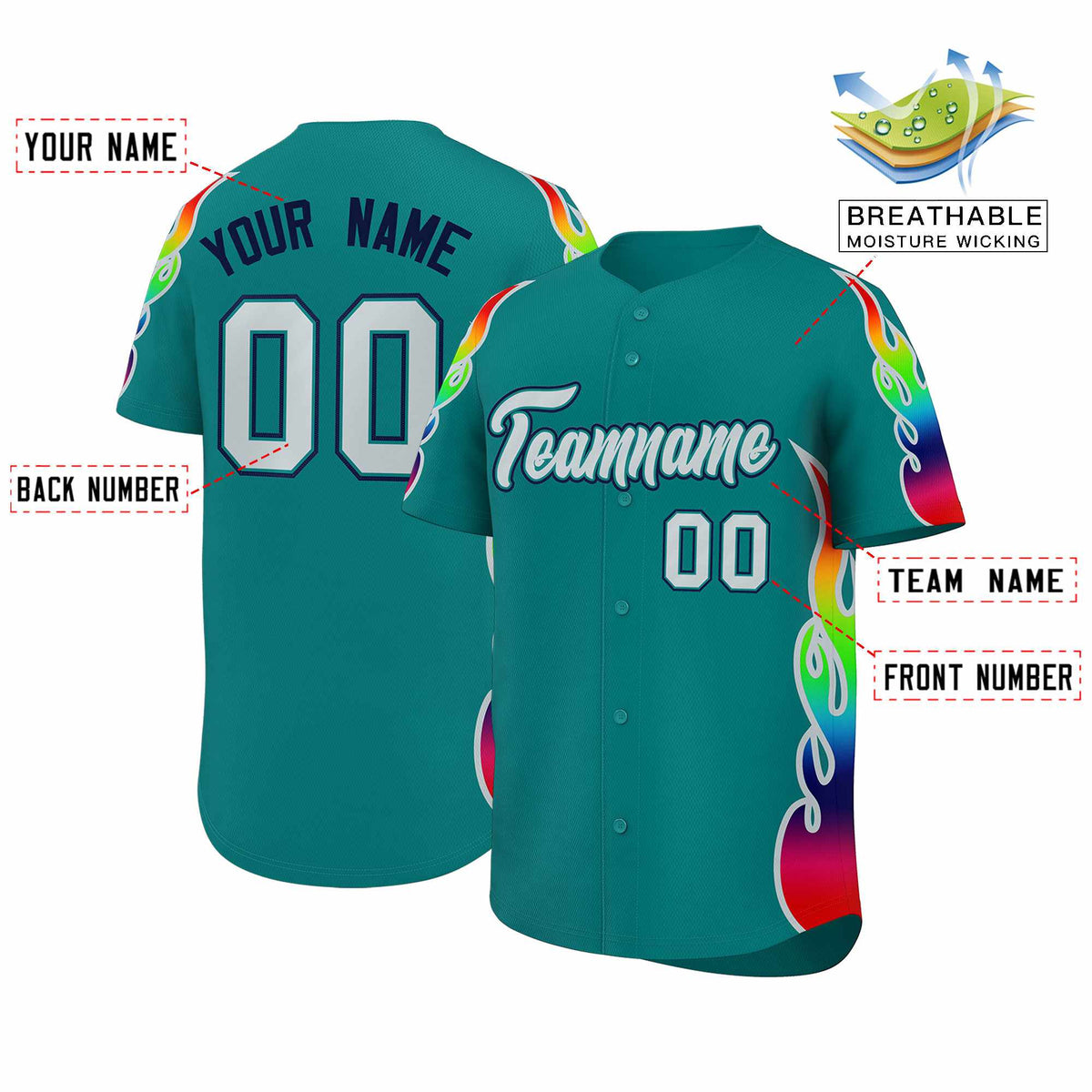 Custom Aqua Graffiti Pattern Personalized Multicolored Flames Print Authentic Baseball Jersey| KXKSHOP