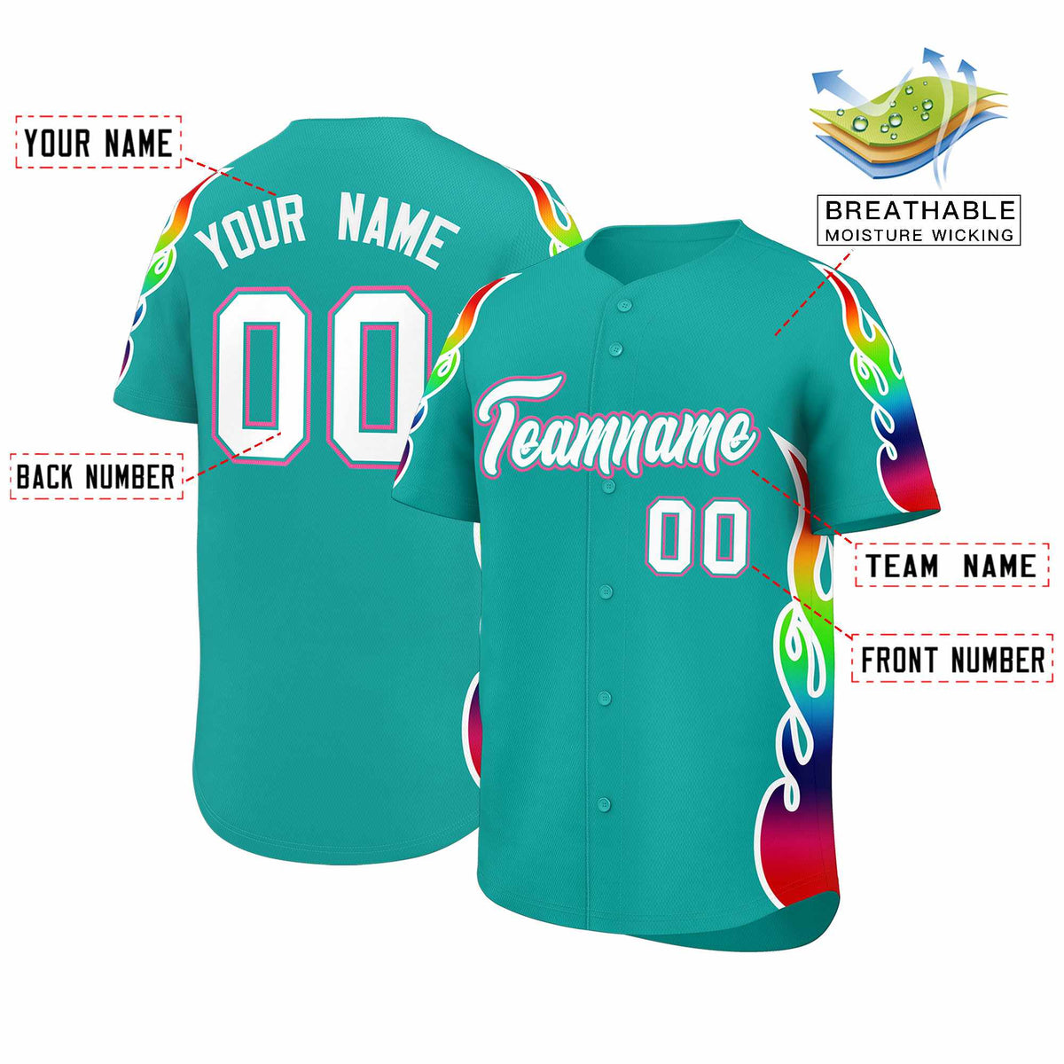 Custom Aqua Graffiti Pattern Personalized Multicolored Flames Print Authentic Baseball Jersey| KXKSHOP