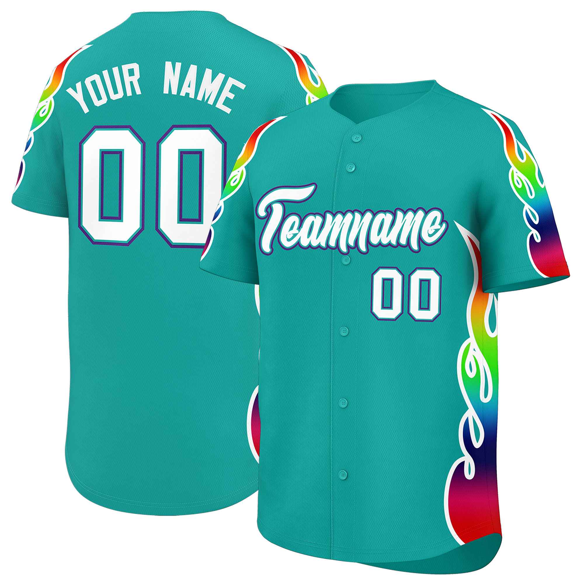 Custom Aqua Graffiti Pattern Personalized Multicolored Flames Print Authentic Baseball Jersey| KXKSHOP