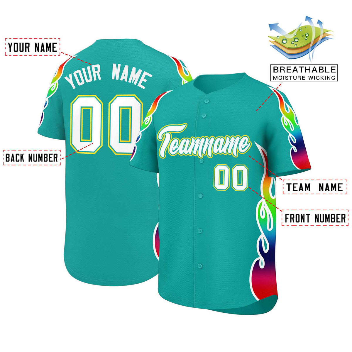 Custom Aqua Graffiti Pattern Personalized Multicolored Flames Print Authentic Baseball Jersey| KXKSHOP