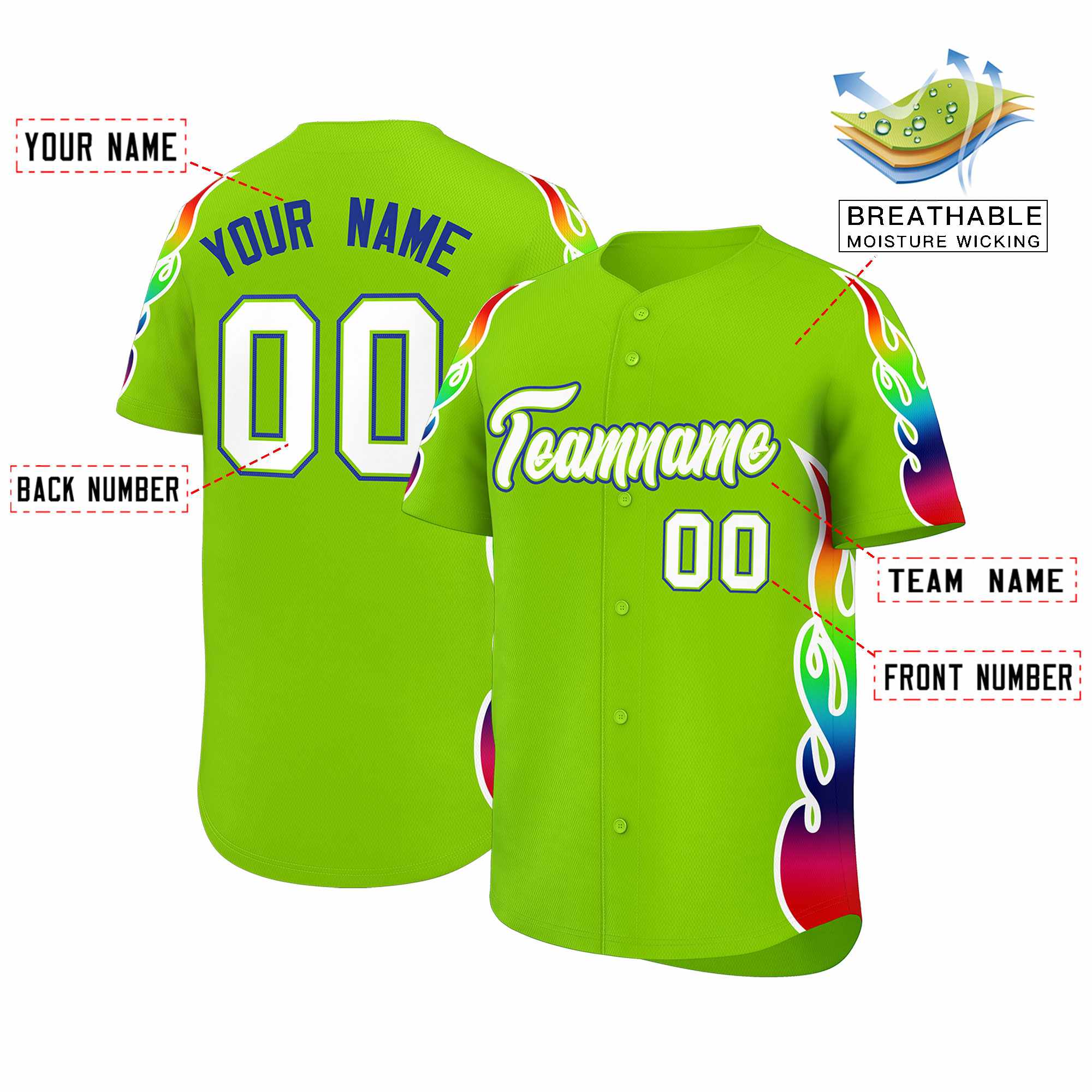 Custom Neon Green Graffiti Pattern Personalized Multicolored Flames Print Authentic Baseball Jersey| KXKSHOP