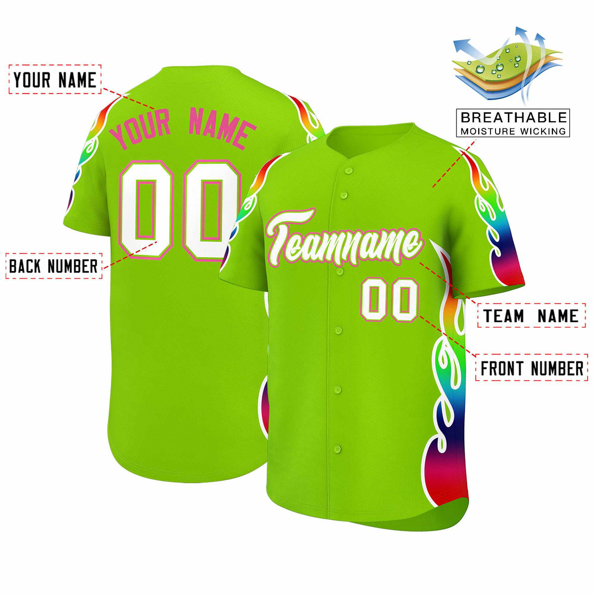 Custom Neon Green Graffiti Pattern Personalized Multicolored Flames Print Authentic Baseball Jersey| KXKSHOP
