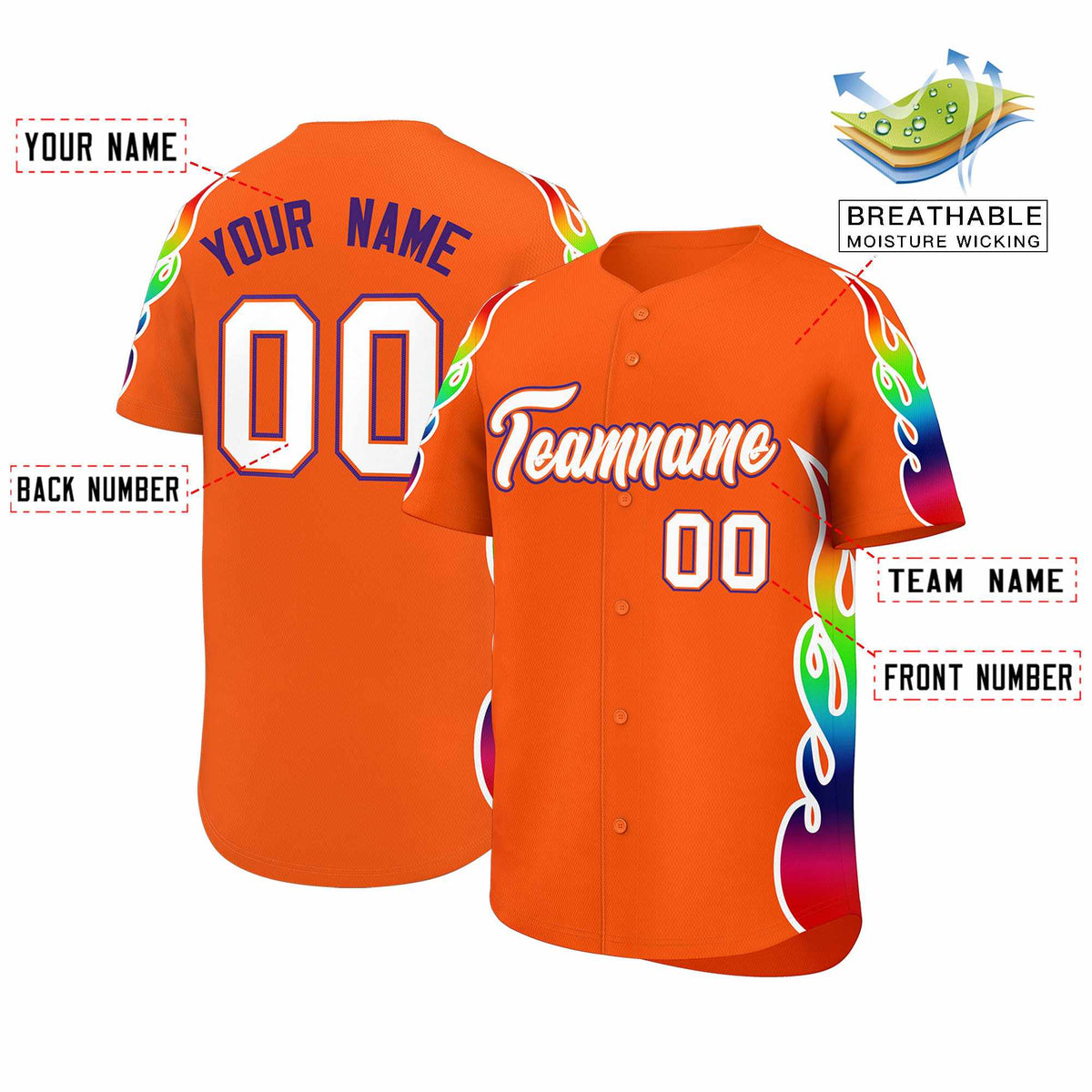 Custom Orange Graffiti Pattern Personalized Multicolored Flames Print Authentic Baseball Jersey| KXKSHOP