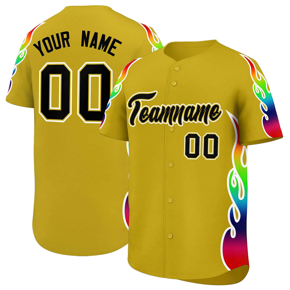 Custom Old Gold Graffiti Pattern Personalized Multicolored Flames Print Authentic Baseball Jersey| KXKSHOP