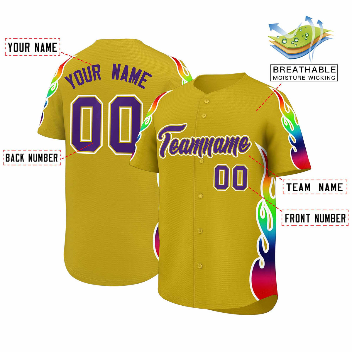 Custom Old Gold Graffiti Pattern Personalized Multicolored Flames Print Authentic Baseball Jersey| KXKSHOP