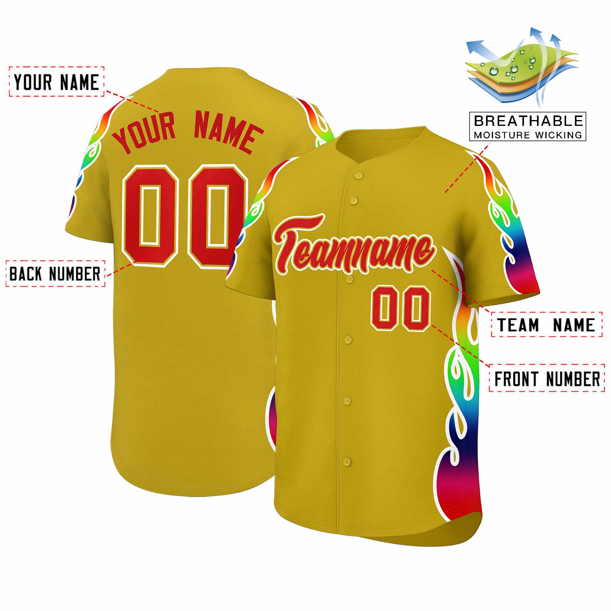 Custom Old Gold Graffiti Pattern Personalized Multicolored Flames Print Authentic Baseball Jersey| KXKSHOP