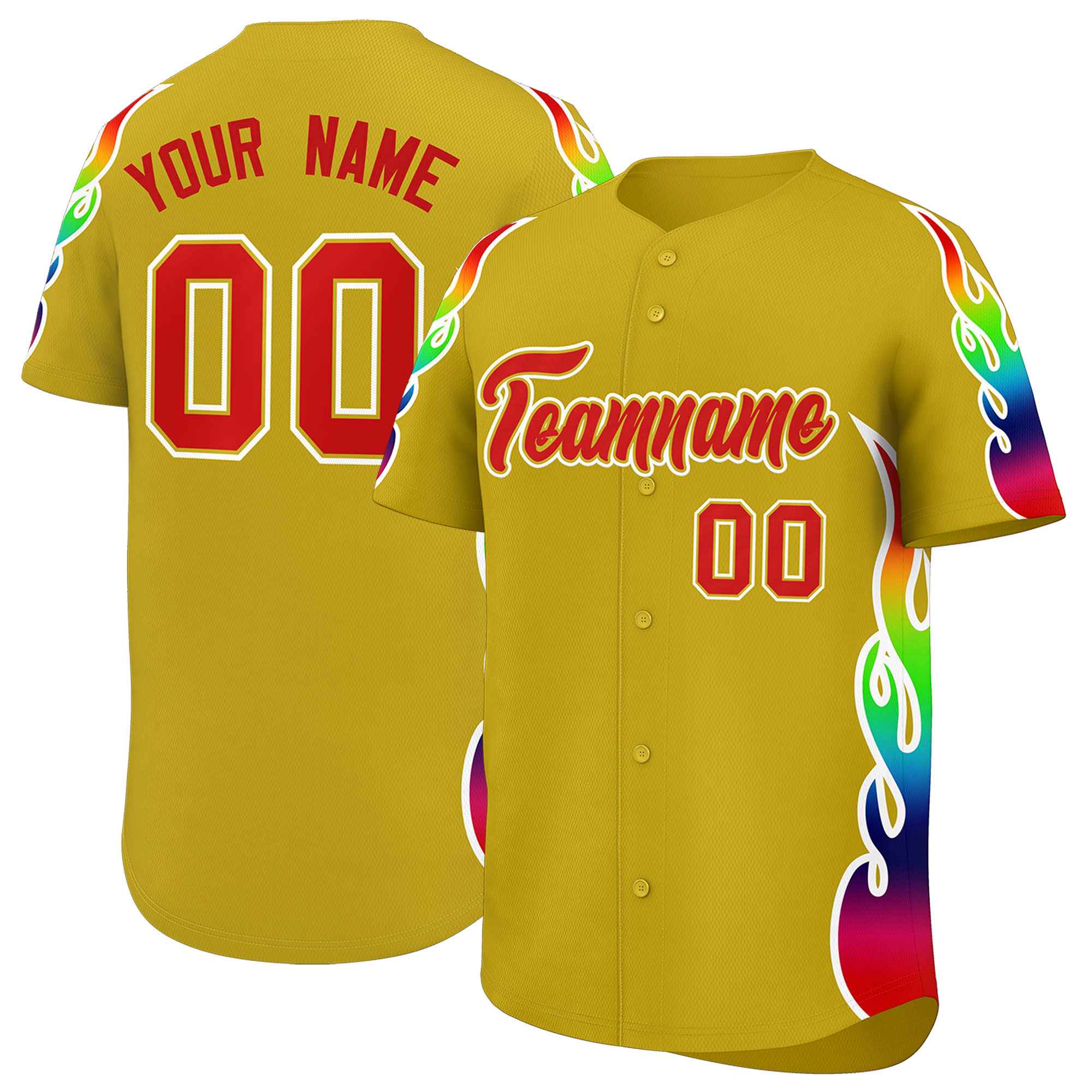 Custom Old Gold Graffiti Pattern Personalized Multicolored Flames Print Authentic Baseball Jersey| KXKSHOP