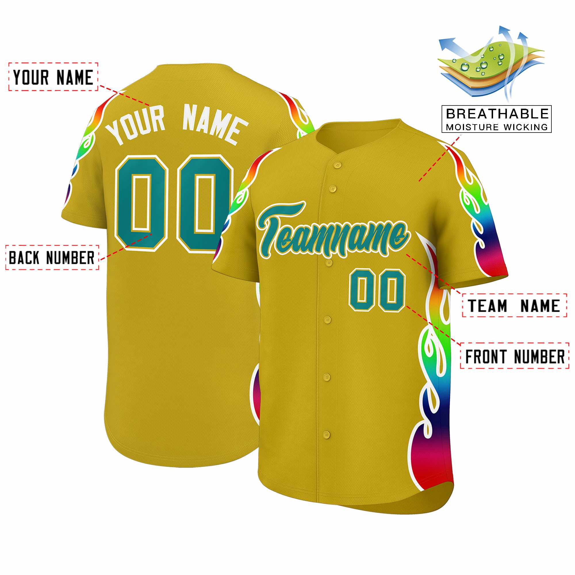 Custom Old Gold Graffiti Pattern Personalized Multicolored Flames Print Authentic Baseball Jersey| KXKSHOP