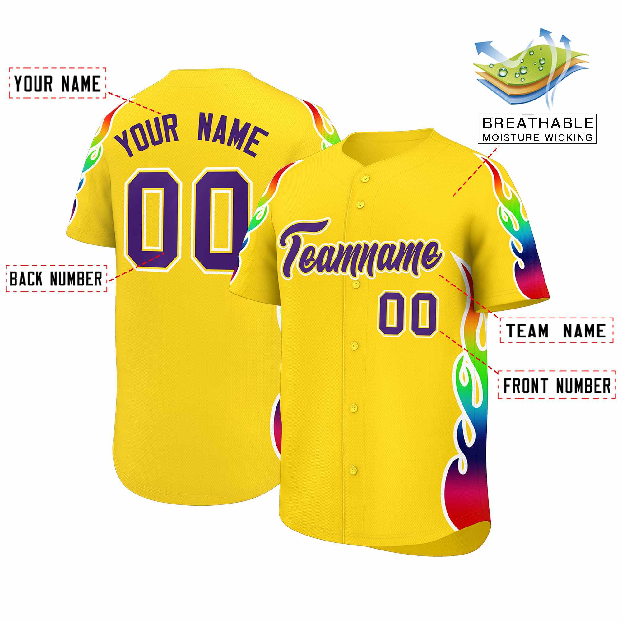 Custom Gold Graffiti Pattern Personalized Multicolored Flames Print Authentic Baseball Jersey| KXKSHOP