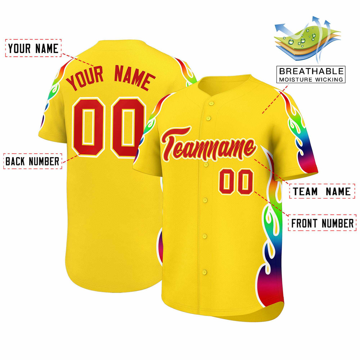 Custom Gold Graffiti Pattern Personalized Multicolored Flames Print Authentic Baseball Jersey| KXKSHOP
