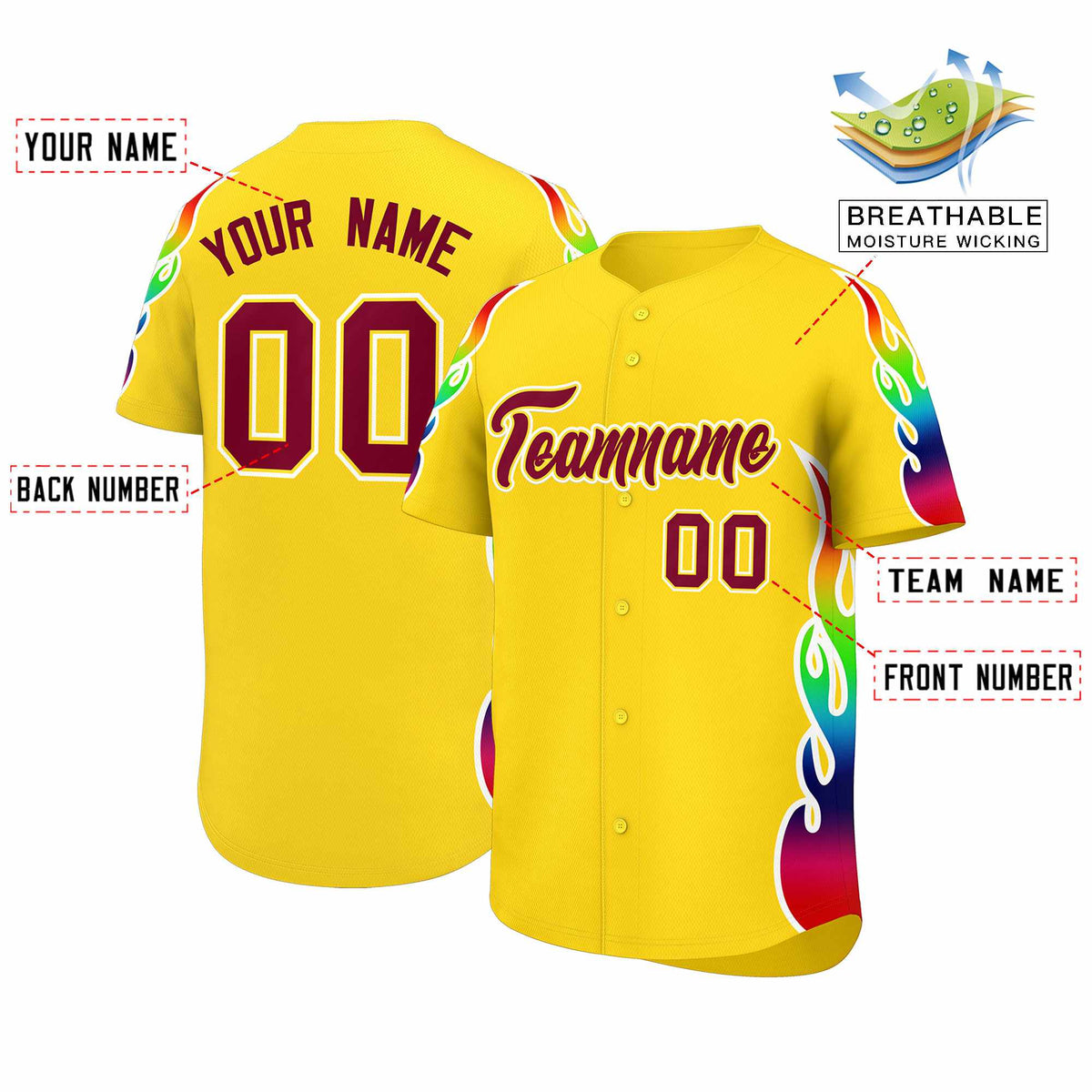 Custom Gold Graffiti Pattern Personalized Multicolored Flames Print Authentic Baseball Jersey| KXKSHOP