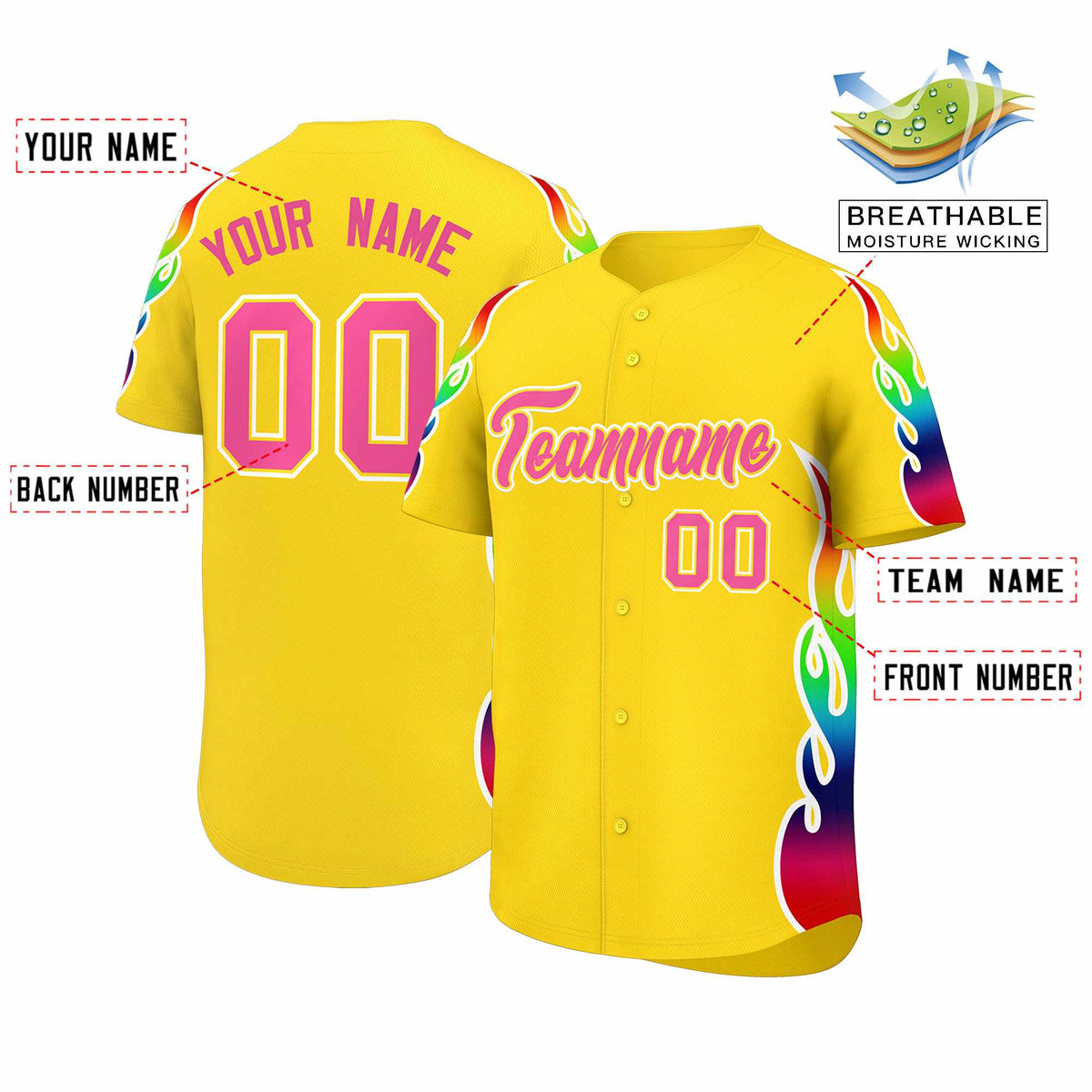 Custom Gold Graffiti Pattern Personalized Multicolored Flames Print Authentic Baseball Jersey| KXKSHOP