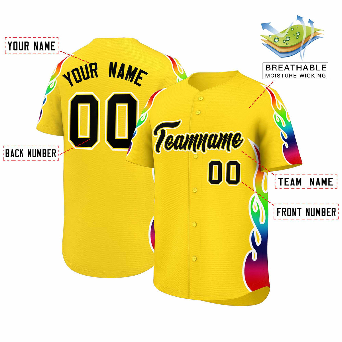 Custom Gold Graffiti Pattern Personalized Multicolored Flames Print Authentic Baseball Jersey| KXKSHOP