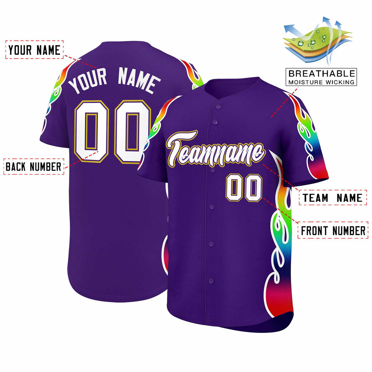 Custom Purple Graffiti Pattern Personalized Multicolored Flames Print Authentic Baseball Jersey| KXKSHOP
