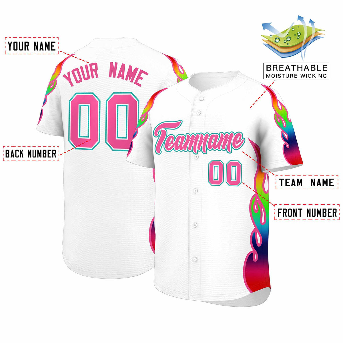 Custom White Graffiti Pattern Personalized Multicolored Flames Print Authentic Baseball Jersey| KXKSHOP