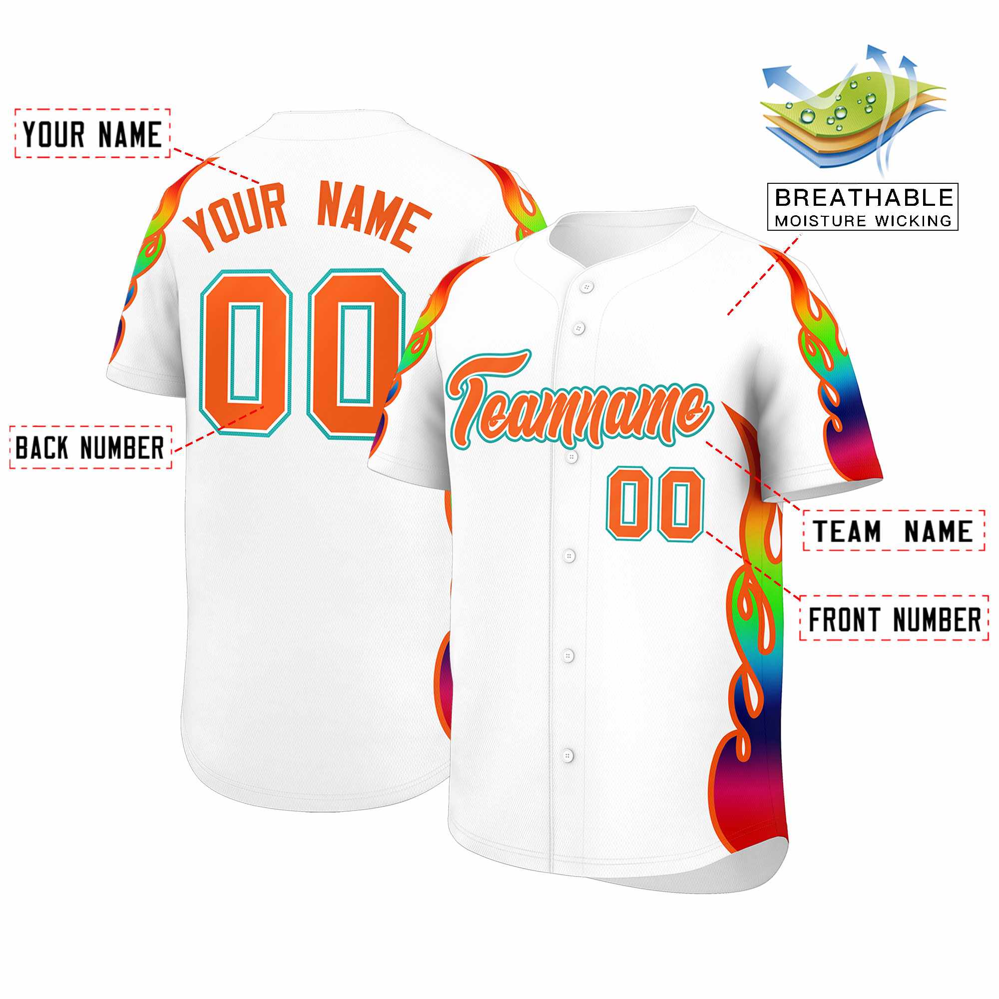 Custom White Graffiti Pattern Personalized Multicolored Flames Print Authentic Baseball Jersey| KXKSHOP