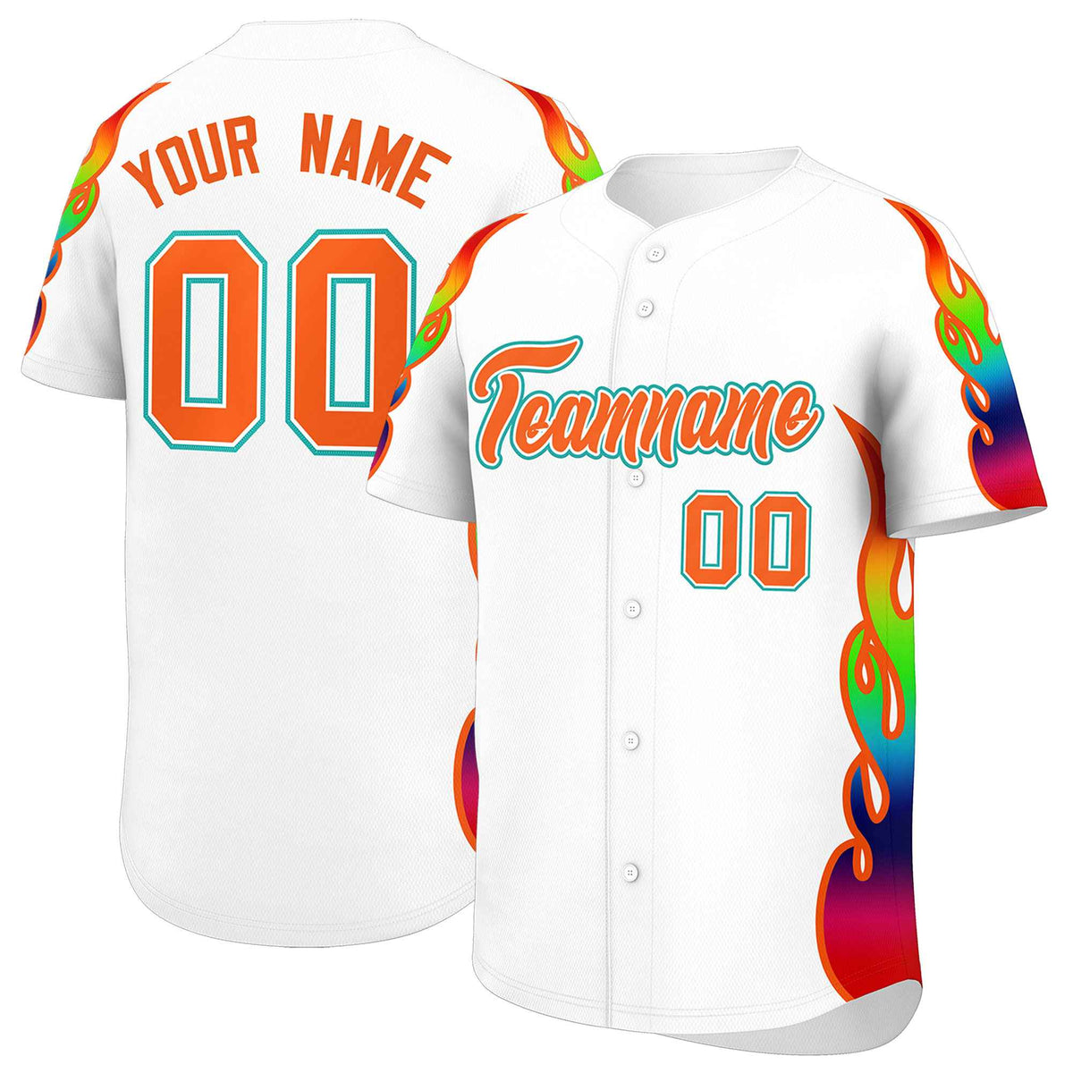 Custom White Graffiti Pattern Personalized Multicolored Flames Print Authentic Baseball Jersey| KXKSHOP