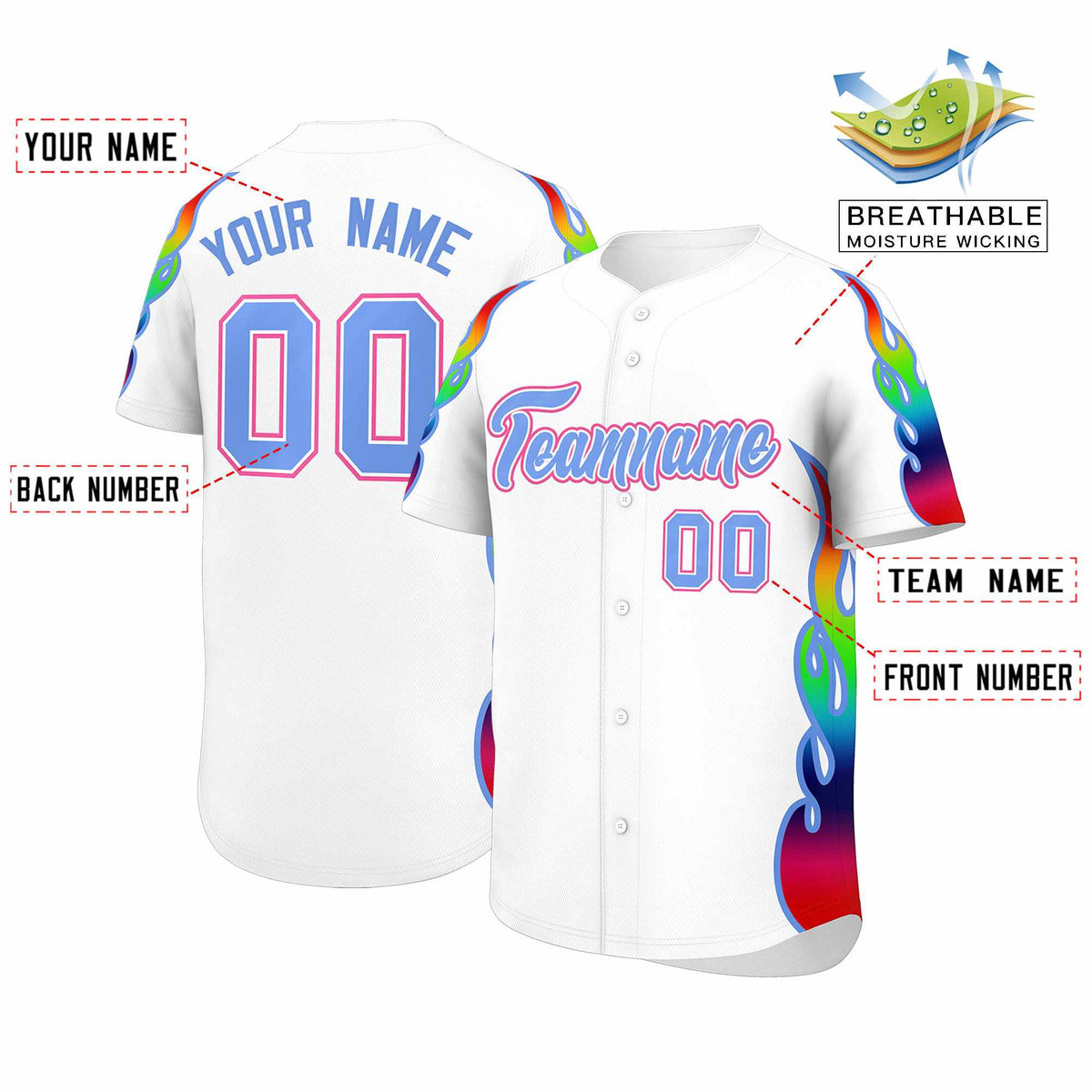 Custom White Graffiti Pattern Personalized Multicolored Flames Print Authentic Baseball Jersey| KXKSHOP